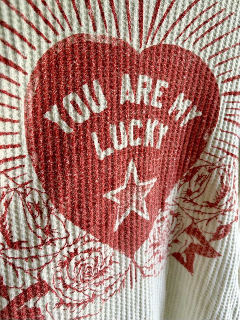 We The Free Cream Waffle-Knit Crew Sweater with Red Heart Graphic - Picture 2 of 7